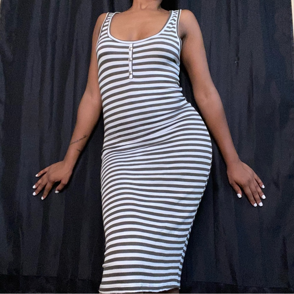 Olive and white striped bodycon dress